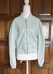 House of Harlow 1960 Vegan Faux Leather Bomber Jacket Pale Blue Size Small - Bild 1 von 8