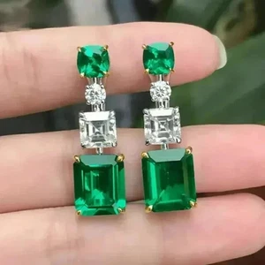 6Ct Emerald Cut Lab Created Emerald Drop & Dangle Earring 14K Yellow Gold Plated - Picture 1 of 7