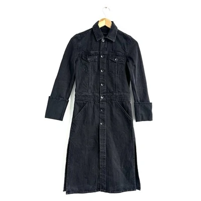 Trenchcoat Helmut Lang lavado denim frente com botão midi preto manga longa XS vestido - Imagem 1 de 4