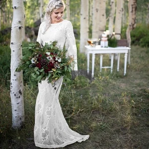 Vestidos de novia boho sirena cuello en O mangas largas campana apliques de encaje vestidos de novia - Imagen 1 de 7