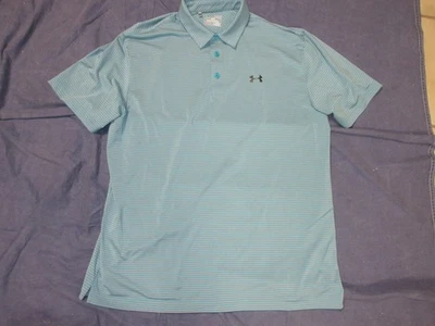 Men’s Polo Style Shirt by UNDER ARMOUR - Sz XL - Turquoise Blue & Gray Striped - Image 1 of 2