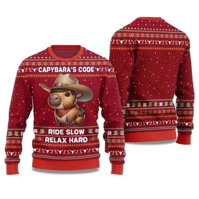 2025 Capybara’s Code Ride Slow Relax Hard Ugly Christmas Sweater - Image 1 of 4