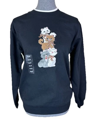 NUEVO CON ETIQUETAS Morning Sun Mujer Pequeña Sólida Negra Bordada Gatos Sudadera Crew Foto 1 de 4