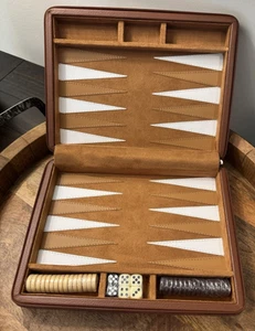 Pottery Barn Mark & Graham Magnetic Travel Backgammon Set Leather Camel~NEW READ - Picture 1 of 11