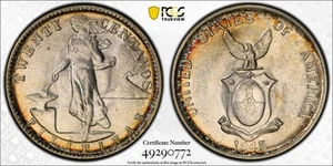 1945-D EE. UU. Filipinas veinte centavos graduación profesional MS-63 (tonificado) - Imagen 1 de 3