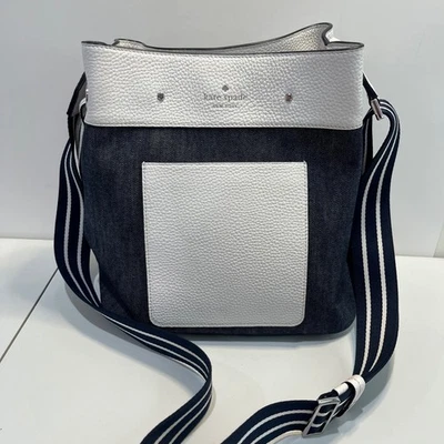 Kate Spade New York Marti Denim & White Leather Bucket Crossbody Bag Satchel - Image 1 of 4