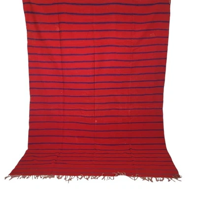 Vintage Handmade Moroccan Red Wool Rug Blue Stripes Fringe Berber Tribal Carpet - Image 1 of 4