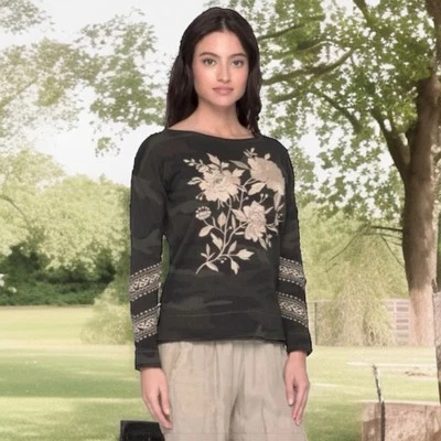 Johnny Was Magdalene Top Small Bold Embroidery on Thermal Waffle Camo Print NWT - Image 1 of 4