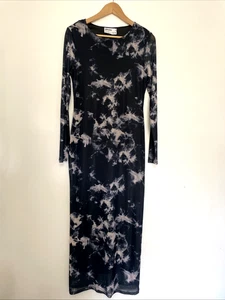 Rita Ora Primark Size 10/12 Dark Blue Acid Wash Mesh Long Sleeve Maxi Dress NWT - Picture 1 of 12