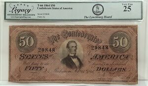 1864 Issue CSA $50 Note T-66  Legacy Very Fine 25   Lynchburg Hoard   A