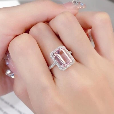 Anillo de boda Art Deco plateado enchapado en oro blanco turmalina rosa corte esmeralda Foto 1 de 4