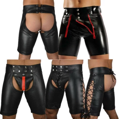 Mens Fetish Wear Open Crotch PU Leather Tight Shorts PVC Wetlook Dance Clubwear - Image 1 of 4