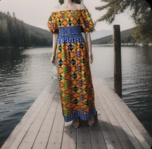 Unbranded Size M/L Multi-Geometric Dress Elastic/Neck, Waist & Sleeve Maxi Dress - Picture 1 of 23