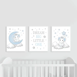 Elefant Kinderzimmer Drucke 3er Set blau Baby Junge, Dream Big, Mond & Sterne Schlafzimmer - Bild 1 von 12