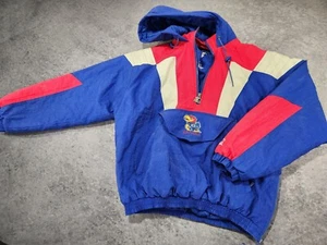 Vintage Kansas Jayhawks 1/4 Zip Pullover Starter Jacket Size L Puffer 90s - Picture 1 of 14