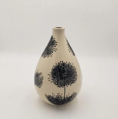 Modern Dandelion-Print Ceramic Vase – Minimalist Ivory & Black Decor - Image 1 of 2