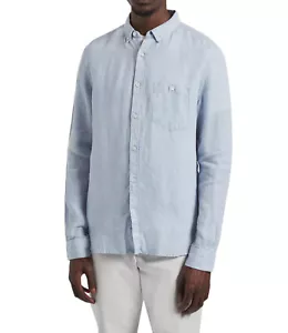 CAMICIA UOMO NUOVA FRENCH CONNECTION REGULAR FIT LINO BLU A RIGHE BOTTONI DAVANTI M - Foto 1 di 4