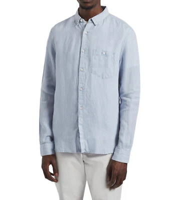 NUEVA CAMISA PARA HOMBRE CONEXIÓN FRANCESA AJUSTE REGULAR LINO AZUL RAYAS BOTÓN DELANTERO M Foto 1 de 4