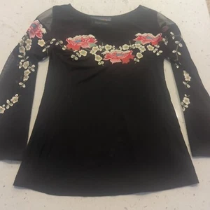 Vintage Collection Embroidered Mesh Lace Top Size Small Bell Sleeve Black Floral - Picture 1 of 13