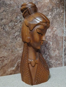 Figura busto donna giapponese balinese indonesiana intagliato a mano in legno massello 12" - Foto 1 di 6