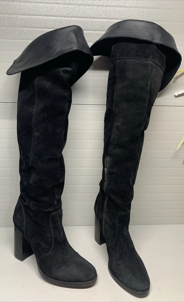 Botas FRYE de couro preto camurça sobre o joelho dobrável tamanho 8 - Imagem 1 de 4