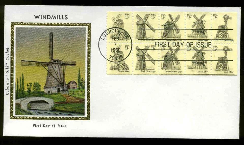 1742a BOOKLET PANE of 10 WINDMILLS FDC  LUBBOCK, TX COLORANO "SILK" CACHET  - Image 1 of 1