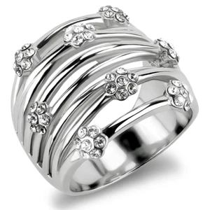 Women's Wide Band Stainless Steel Crystal CZ Flower Daisy Ring - Bild 1 von 3