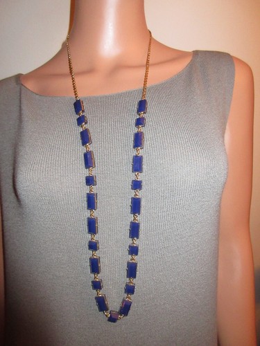 Collana lunga stazione resina sfaccettata blu Kate Spade firmata placcata oro 12kt come nuova