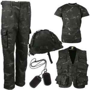 BOYS ARMY OUTFIT KIDS 3-13 YRS TROUSERS T-SHIRT HELMET VEST DOG TAGS BLACK CAMO - Picture 1 of 7
