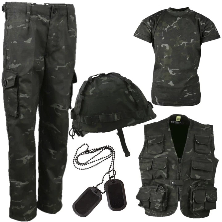 KOMBAT UK BOYS ARMY OUTFIT KIDS 3-13 YRS TROUSERS T-SHIRT HELMET VEST DOG TAGS BLACK CAMO
