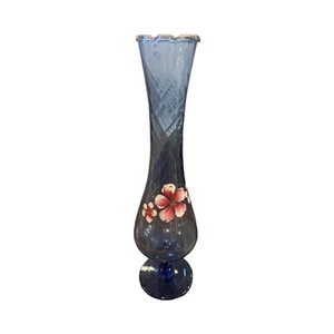 Vintage Bud Vase Blue Hand Blown Hand Painted Flowers 10” - Picture 1 of 4