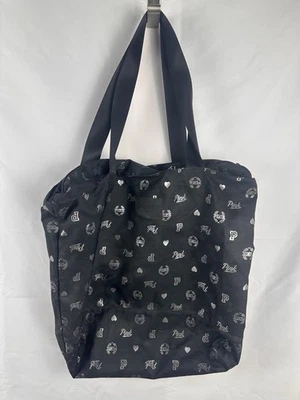  Victoria’s Secret PINK Black Tote Bag Silver Print Fabric Canvas Large - Image 1 of 4