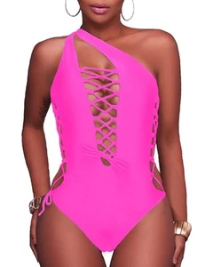 Women Hot Pink Sexy One Piece Swimsuit One Shoulder Bathing Suit Lace Up Swim... - Picture 1 of 5