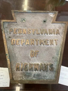 Vintage Pennsylvania Department of Highways Keystone Plaque Sign Embossed Brass - Picture 1 of 17