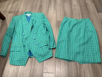 Traje Christian Dior Azul Verde Guinga Falda Lápiz Cuadros Blazer Talla 12 Años 90’s Foto 1 de 4