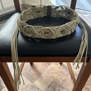 Cinturón Corbata Macramé Vintage Ancho Beige Años 70 Boho Hippie Festival Talla Ajustable - Imagen 1 de 3