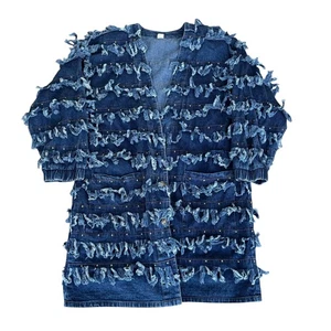Jeans Fransen Jacke Damen groß blau lang Mantel Shaggy Boho Nieten Druckknopf Staubtuch - Bild 1 von 7