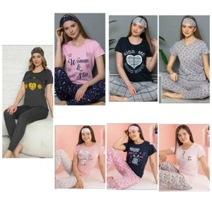 Damen Pyjama Schlafanzug Kurz 3-Teiler Set mit Augenband  S-92 - Bild 1 von 15