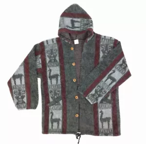 Ethnic Hooded Jacket Size L Otavalo Ecuador Llama Alpaca Wool Polyester Handmade - Picture 1 of 9