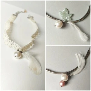 Choose from 3 pearl soft choker necklaces silver metal feather lace charm leaf - Picture 1 of 18