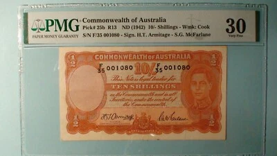 1942 TEN SHILLINGS NOTE PMG VF30 COMMONWEALTH OF AUSTRALIA  10S BILL BUY IT NOW - Image 1 of 4