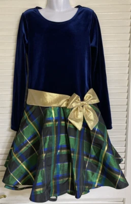 Bonnie Jean Navy Velvet L/S Bodice w/Plaid Skirt Dress, 10, Holiday Christmas - Image 1 of 4