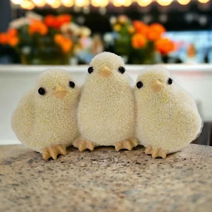 Three Flocked Fuzzy Yellow Chicks Spring / Easter Decor - Picture 1 of 7