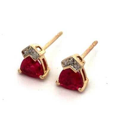 Designer 10K Yellow Gold Trillion Ruby Diamond Accent Stud Earrings - Image 1 of 4