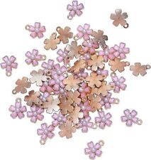 100x Enamel Pink Flower Charms Pendants with Imitation Pearl for Jewelry Making