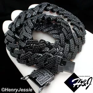 16-30"MEN 14K BLACK GOLD PLATED ICY BLACK CZ 14MM MIAMI CUBAN CURB NECKLACE*BBN6 - Picture 1 of 14