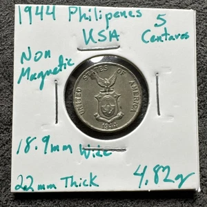 1944 Philippines 5 Centavos USA. Thick 2.2mm. 18.9mm Wide. 4.82g. No Mag. RARE. - Picture 1 of 6