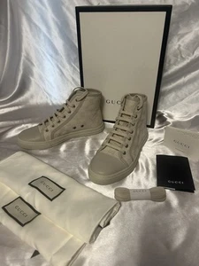 NIB GUCCI High Top GG Monogram Canvas Leather Washed White sneakers 35.5 5.5 NEW - Picture 1 of 14