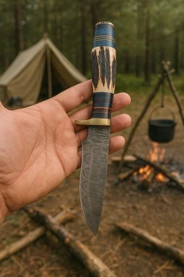 Handmade Damascus Steel Fix Blade Skinner Knife Stag Antler Handle With Sheath - Image 1 of 4