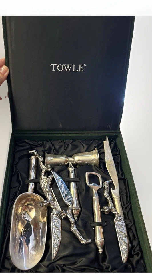 Juego de utensilios de bar de plata de toalla de colección 5 piezas con estuche de fieltro años 80 con extras Foto 1 de 1